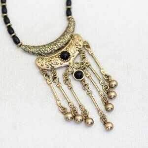 26 inch, Vintage Black Barrel Beads Gold Tone Ball Drop Tassel Necklace - P1